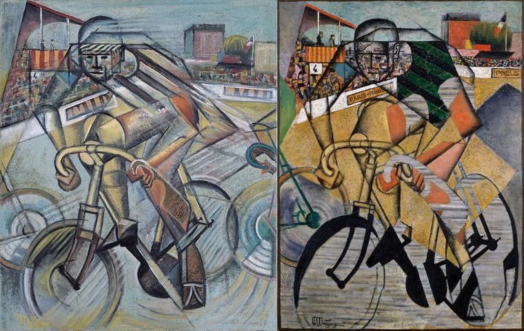 a la izquierda. «En la pista de carreras de bicicletas 55» de Beltracchi. A la derecha, la obra que la inspiró 'Au Velodrome' de Jean Metzinger.