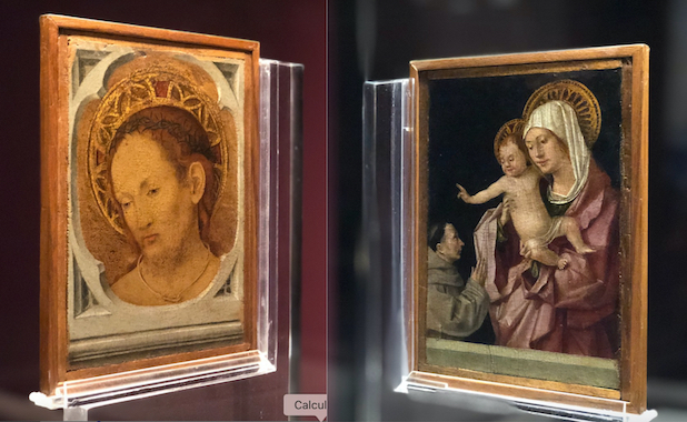 pequeño cuadro de doble cara que representa a la Virgen con el Niño y a un monje franciscano en un lado y a Cristo en el anverso. Otra de las piezas robadas.