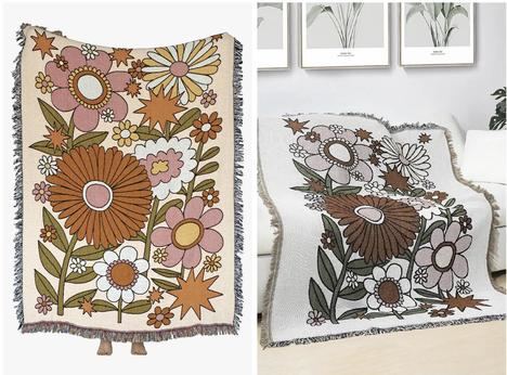Izquierda: pieza textil de flores florales de Krista Perry; derecha: captura de pantalla de una manta vendida por Shein