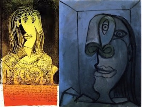 la serie de 10 dibujos de 1938 ('buste de Femme à la Chaise') sobre Dora Maar (izq.) , seguramente culminaron  en el lienzo 'Tete de femme aux narines vertes sur fond bleu Nuit' , realizado en Mouguins (Francia) el 14 de septiembre de 1938. (dcha.)