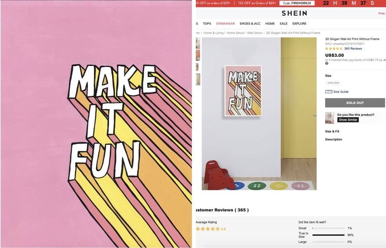 Izquierda: Impresión 'Make It Fun' de Krista Perry; derecha: captura de pantalla de una impresión vendida por Shein