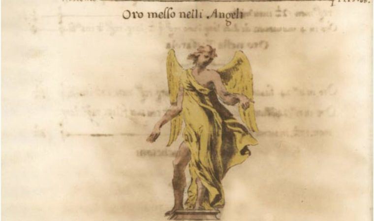 Un dibujo de 'Oro messo nelli bronzi' (Oro colocado en los bronces), el manuscrito central de un caso criminal del Vaticano, se ve en un facsímil de un libro sobre Gian Lorenzo Bernini escrito por Maria Grazia D'Amelio, profesora de historia arquitectónica. El dibujo muestra dónde se colocará el oro en las cuatro esculturas de ángeles en la parte superior del baldaquino o dosel sobre el altar principal de la Basílica de San Pedro