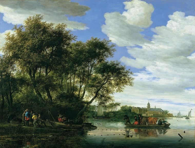 “Una vista del río Vecht con un ferry, pescadores y el castillo de Nijenrode en la distancia” 