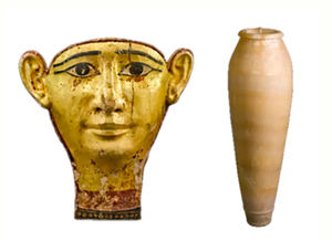 Entre los objetos restituidos : un rostro de un ataúd de madera dorada que data alrededor del 332 a. C.-275 a. C. (izquierda) y un jarrón real de alabastro de alrededor del 3100 a. C.-2670 a. C