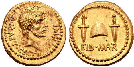 El denario  de oro 'Idus de Marzo' (Eid Mar), 42 a.C.
