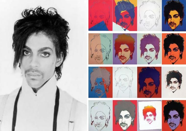 Un retrato de Prince tomado por Lynn Goldsmith (izquierda) en 1981 y 16 imágenes serigrafiadas que Andy Warhol creó posteriormente usando la foto como referencia