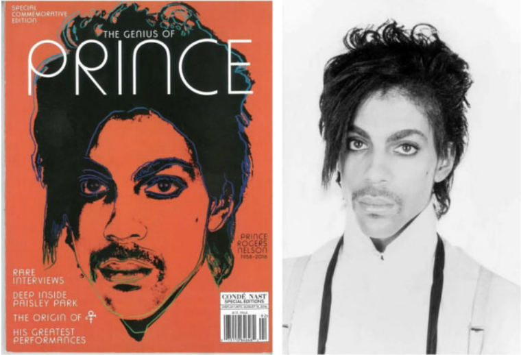 Izquierda: portada revista 2016 con la imagen de Orange Prince de Andy Warhol. Derecha: fotografía de Prince 1981 de Lynn Goldsmith.