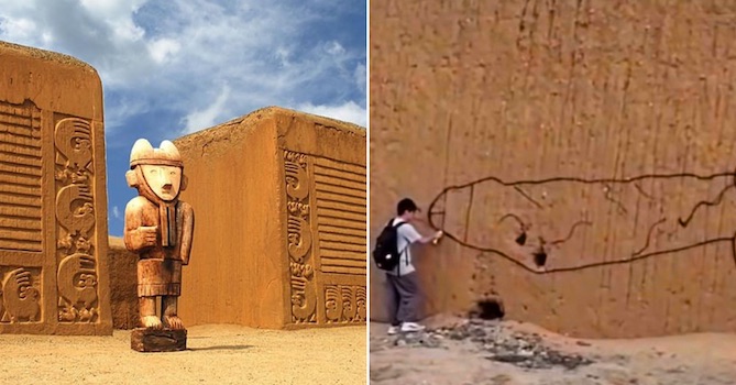Grafitis obscenos a plena luz del día en el sitio arqueológico de Chan Chan (Perú)