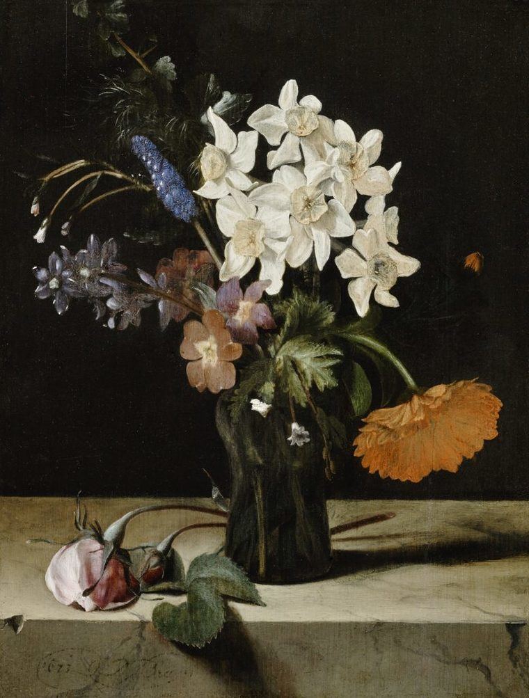 “Narcisos y otras flores en jarrón de cristañl sobre mármol “ (1673), de Dirck de Bray, óleo/tabla (30,9 x 23,5 cm)