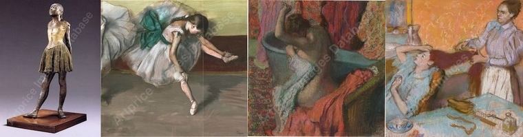 izq.a dcha:
'Petite danseuse de quatorze ans'  vendida en Nueva York en 2022, por 34.709.580 euros ; Danseuse au repos' (1879), vendido en 2008 por 25.944.000 ; 'La Sortie du bain' (1895) vendida en 2008 por 8.789.400  ; ' La Coiffure' y se vendió por 5,064.473 (1895).