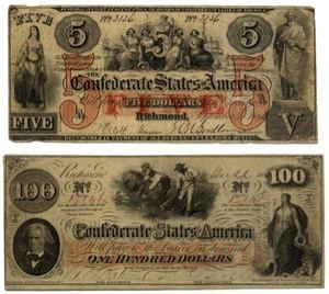 Billetes confederados de 5 y 100 dólares. Estos billetes fueron autorizados por el Congreso Confederado durante la Guerra Civil (1861-1865). 