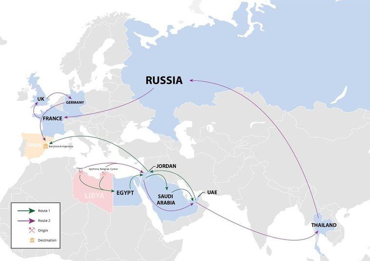 Desde Libia hasta Barcelona, las piezas podrían haber viajado por hasta 9 países