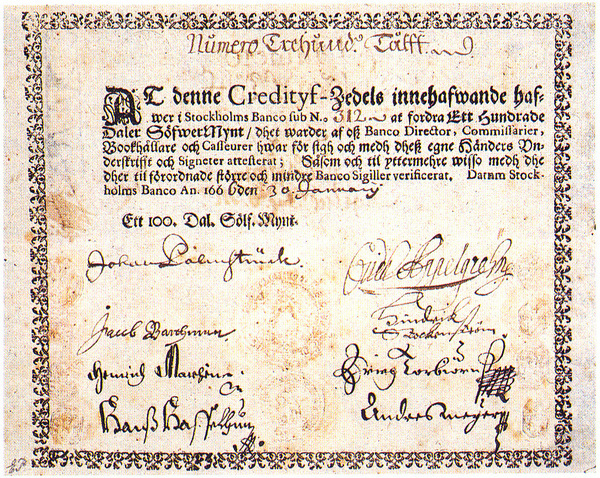 Billete de 100 Dale del Banco de Estocolmo, 1666. Uno de los primeros billetes falsificados en Europa.