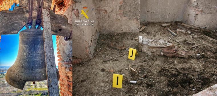 los ladrones destrozaron el yugo (contrapeso) de la campana.