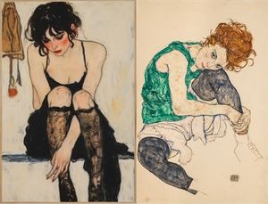 'Mujer sentada con la rodilla levantada' Un mismo titulo con una falsa atribución. A la izq. la imagen creada con IA. A la dcha. la obra original de Egon Schiele