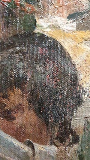 No obstante la pintura roja ha penetrado hasta la preparación y soporte del cuadro.