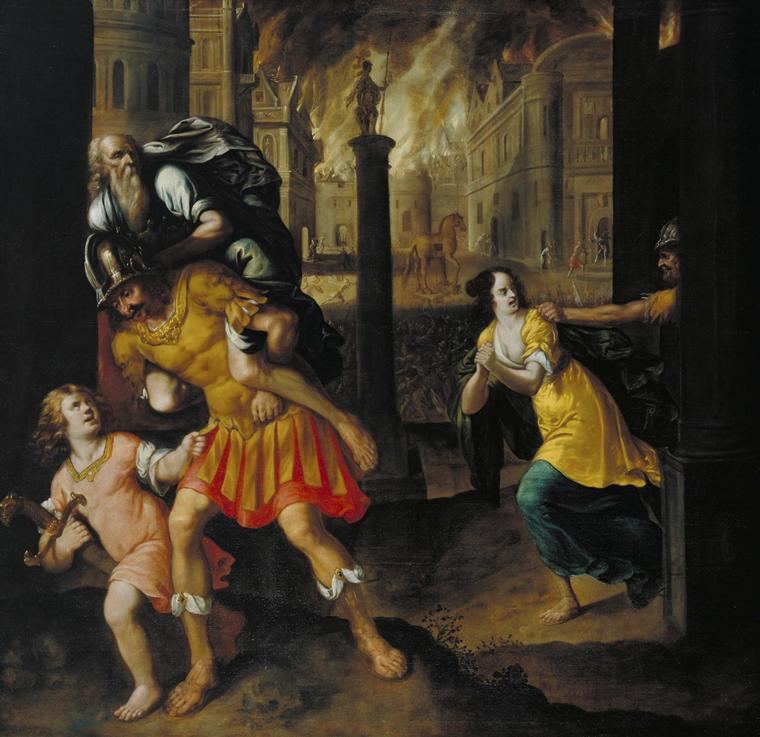 'Eneas y su familia huyendo de Troya en llamas'  (1654) de Henry Gibbs, perteneciente a la colección de S.Hartveld