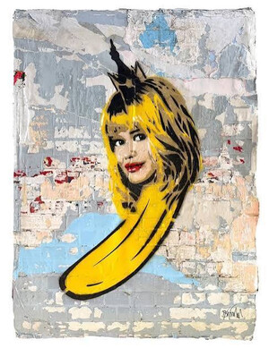 Claudia-Schiffer-Banane, 2026, Spraylack auf Plakatwand, 165 x 120 cm, WVZ-Nr. 3102