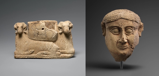vasija sumeria de alabastro con dos carneros (2600a.C) y Cabeza babilónica masculina (2000 a.C)