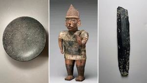Cajete de piedra (300 y 900 d.C) , figura antropomorfa que representa a un guerrero (100 y 400 d.C) y una navajilla de obsidiana.