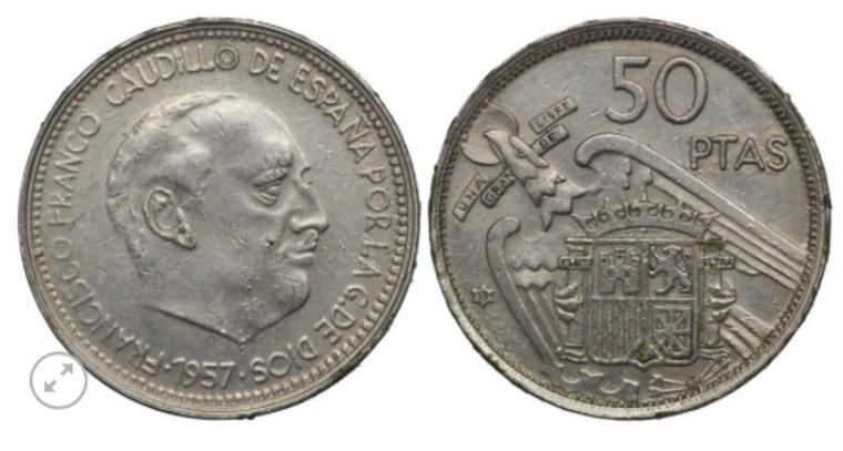 Moneda 'falsa de época' del valor de 50 pesetas de la emisión de 1957.