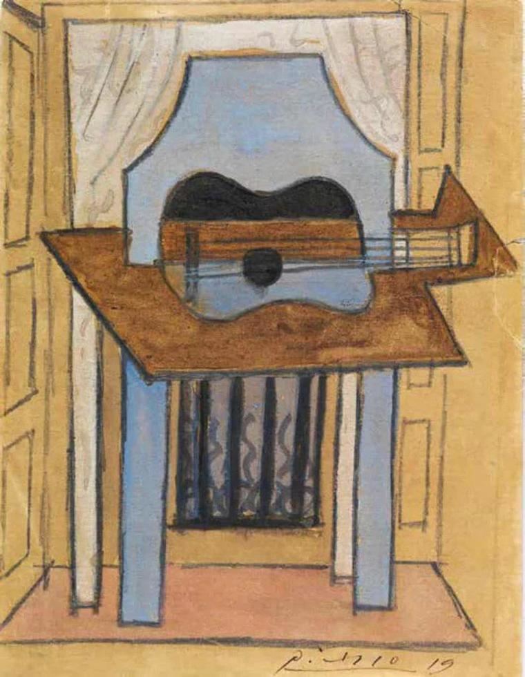 'Naturaleza muerta con guitarra' (1919), guasche y lápiz sobre papel, 12,7x 9,8 cm.
