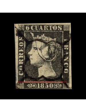 Este sello con valor de 6 cuartos fue el primero de los emitidos por España en 1850. 
